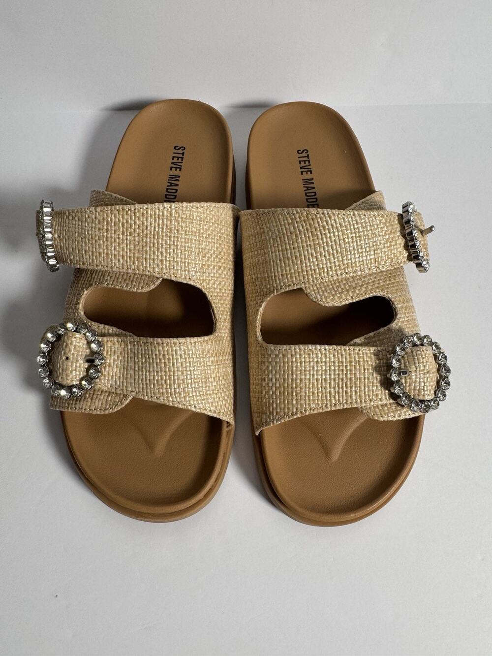 Steve Madden Girls Raffia Rhinestone Buckle Slide Sandals Size 4